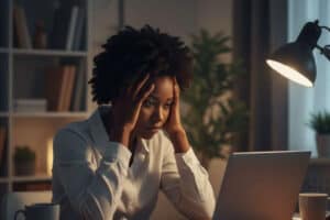 Person feeling anxious and overworked at night due to modern life pressures