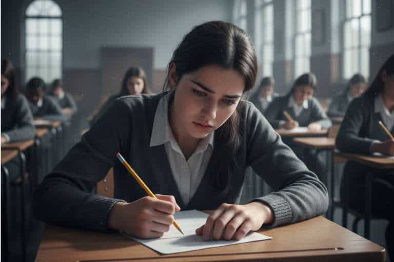 An anxious student in an exam hall showing signs of stress before starting their paper, illustrating the need for hypnotherapy for exam stress.