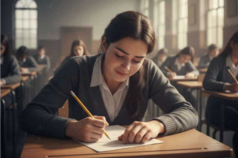 A calm confident student in an exam hall writing their paper with focus and ease after using hypnotherapy for exam stress.