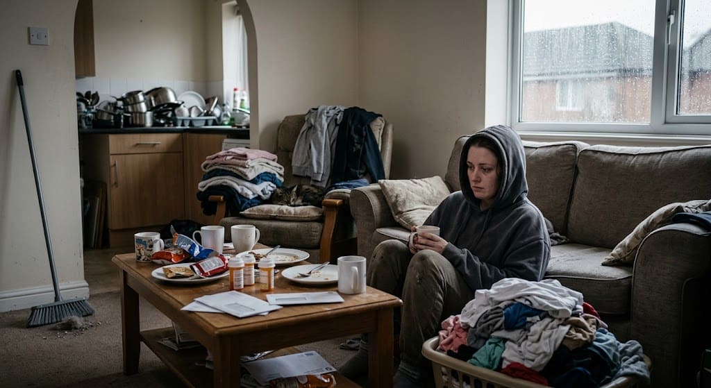 person with depression at home with housework piling up
