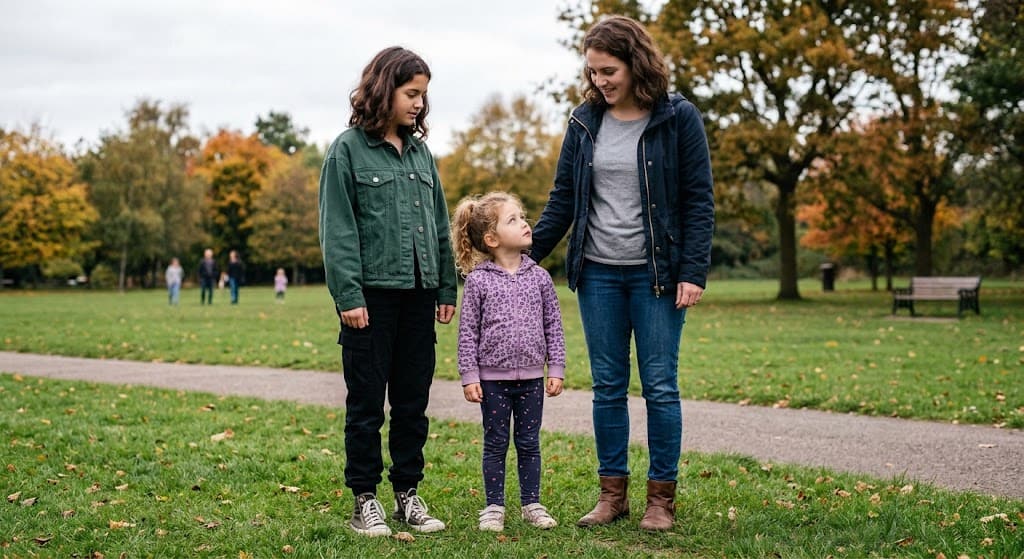 child, teenage and young adult standing together