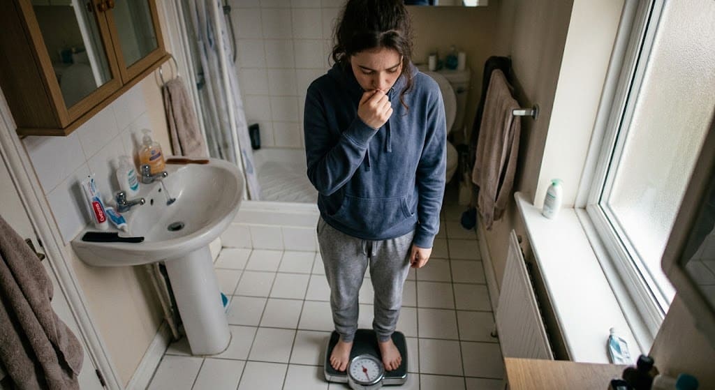 woman on scales worried about her weight
